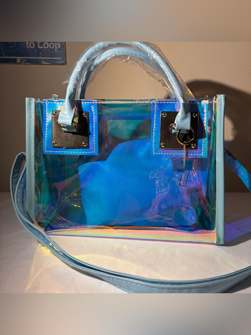 Iridescent Holographic on a transparency + Sky Blue PVC Tote Bag & Pouch. - Picture 2 of 11